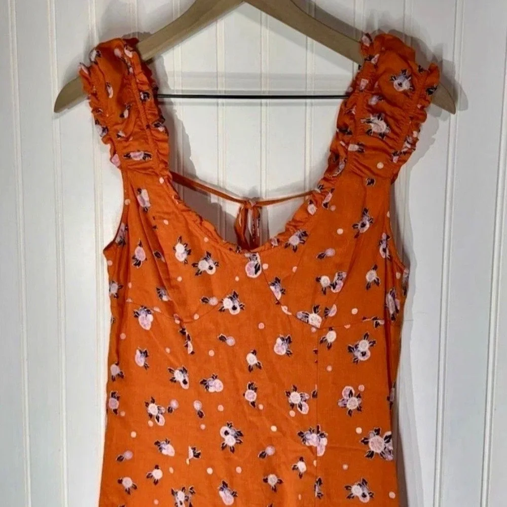 Free People Like A Lady Mini Dress Small Orange Floral Ruffle Tie Back Boho - Picture 2 of 7